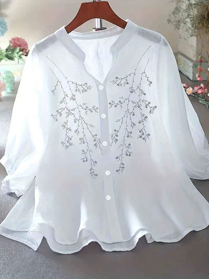 Summer flower embroidered shirt lightweight, translucent, stand collar, front button