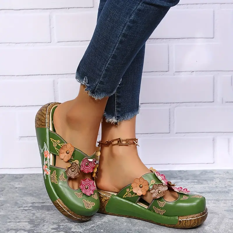 womens wedge mule shoes flower decor cut out floral print slide sandals tribal style slip on shoes 0