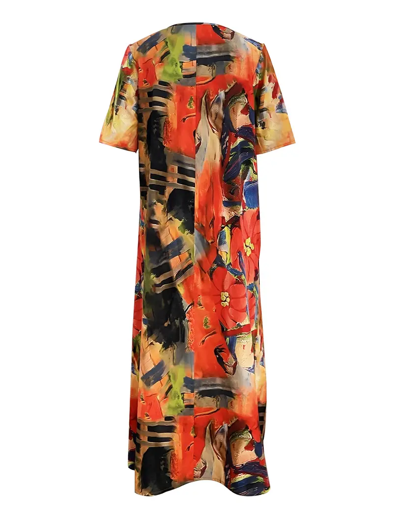 floral print crew neck dress casual short sleeve dress for spring summer womens clothing orange red 2