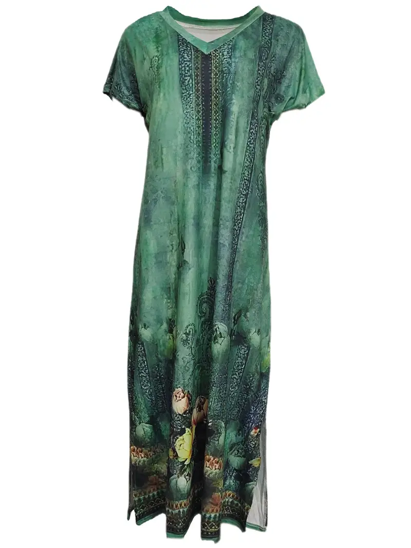 floral print side split dress casual v neck short sleeve dress womens clothing green 2