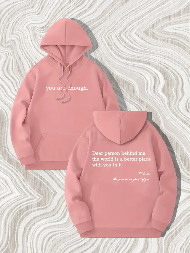you are enough print mens pullover round neck long sleeve hooded sweatshirt pattern loose casual top for autumn winter mens clothing as gifts pink 0
