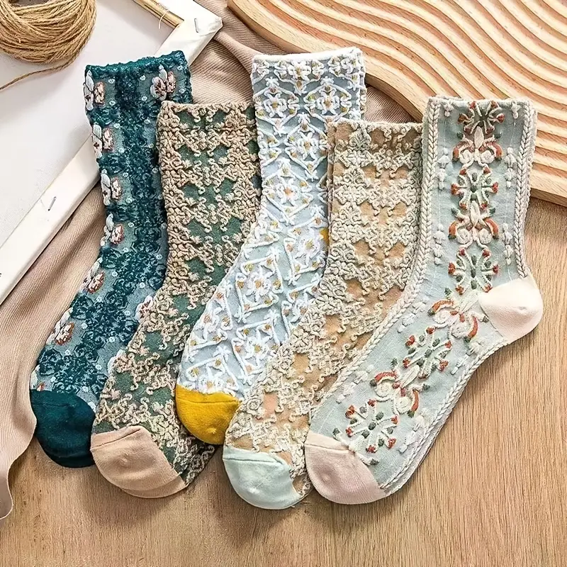 5 pairs womens flower socks vintage ethnic floral socks 1