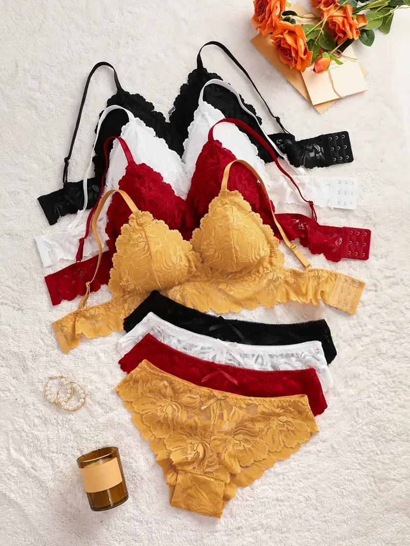 4pcs solid floral lace scallop trim bra & panty, romantic & sexy bra & bow decor matching panties lingerie set, women's lingerie & underwear mixed color 2