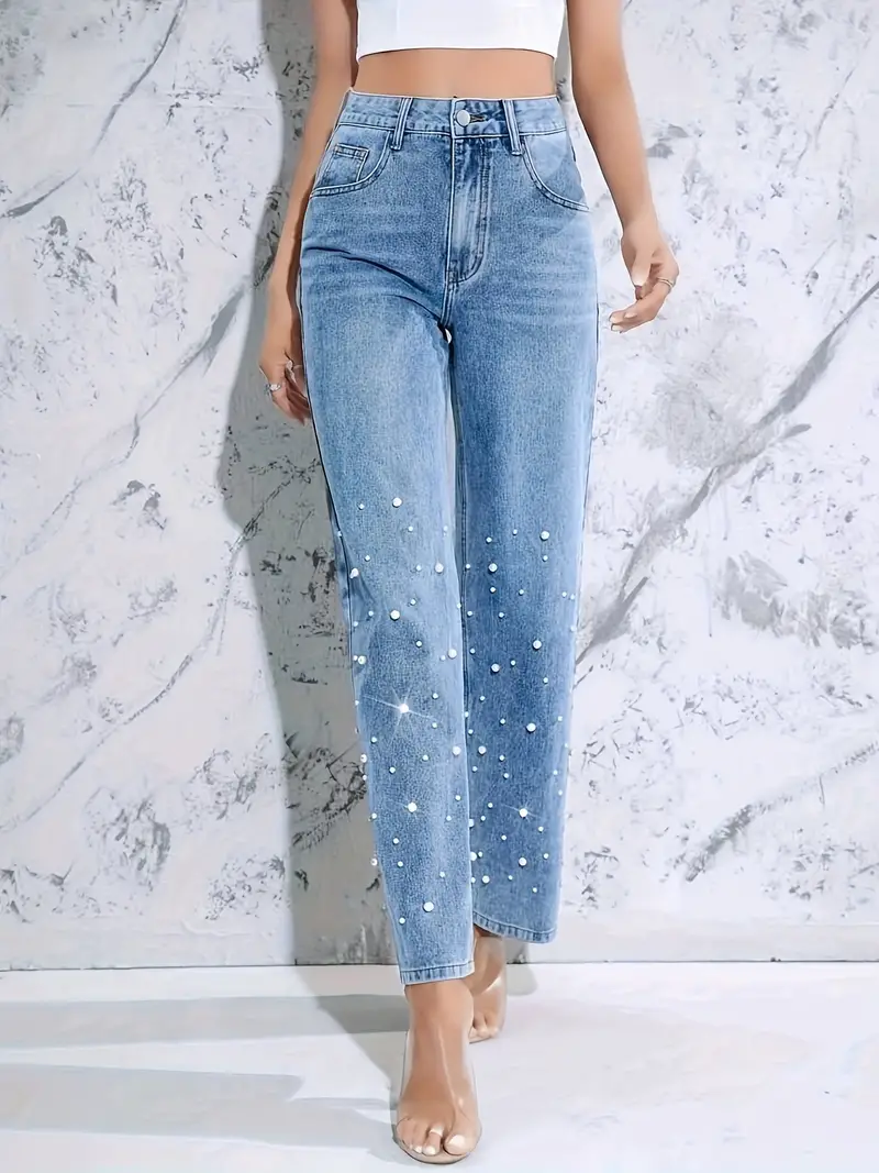 simple studded decor straight jeans slant pocket fashion casual denim pants womens denim jeans clothing medium blue 0