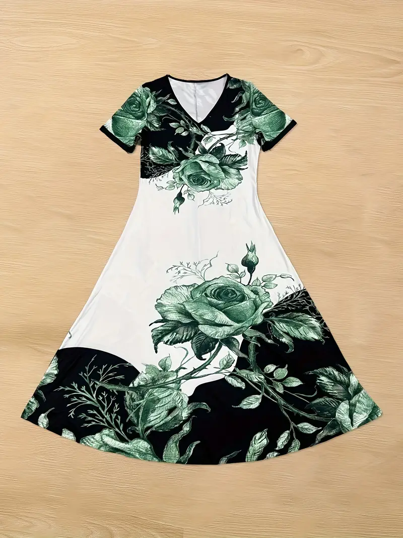 floral print maxi dress elegant v neck short sleeve summer dress womens clothing green 1