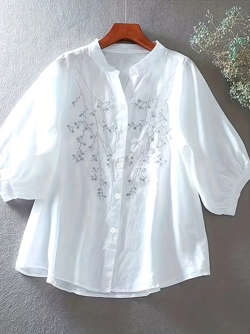 floral pattern simple blouse elegant button front stand collar blouse womens clothing white 2