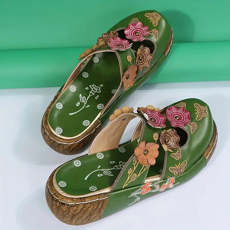 womens wedge mule shoes flower decor cut out floral print slide sandals tribal style slip on shoes 3