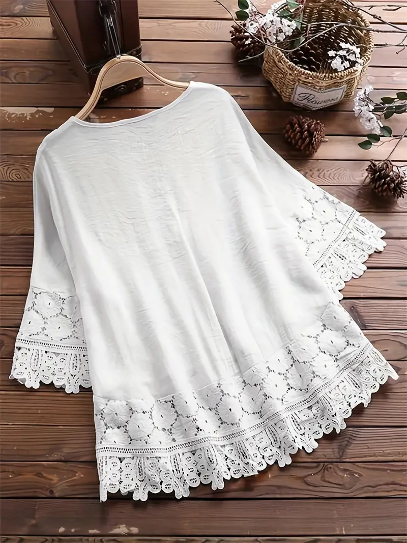 plus size elegant blouse womens plus floral appliques contrast guipure lace short sleeve tie neck top white 1
