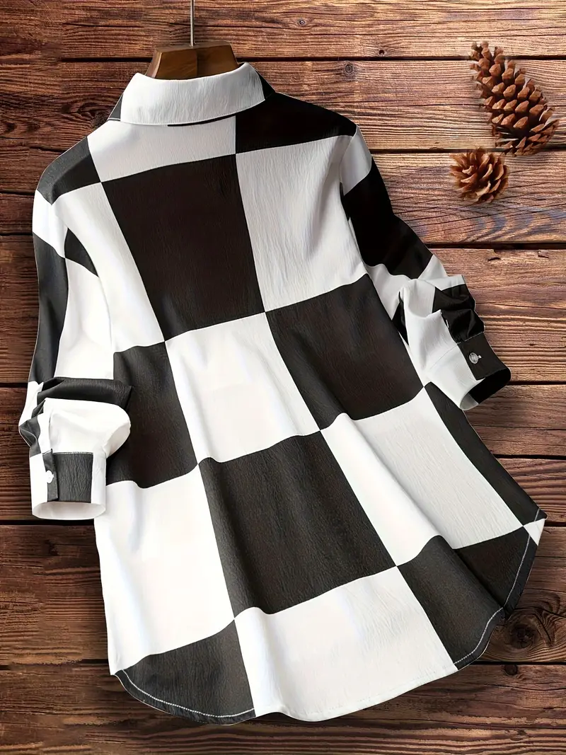 plaid print button front shirt casual long sleeve lapel shirt womens clothing black 0