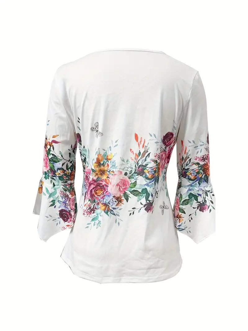 floral print notched neck blouse casual button front blouse for spring summer womens clothing white 1