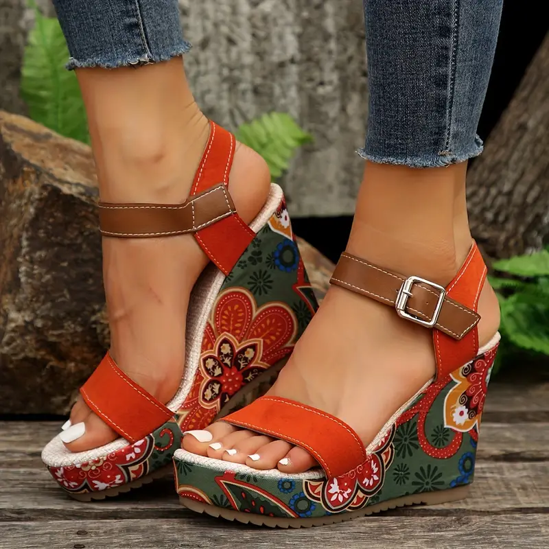 womens floral print wedge sandals colorful open toe buckle strap heels fashionable slingback platform sandals 0