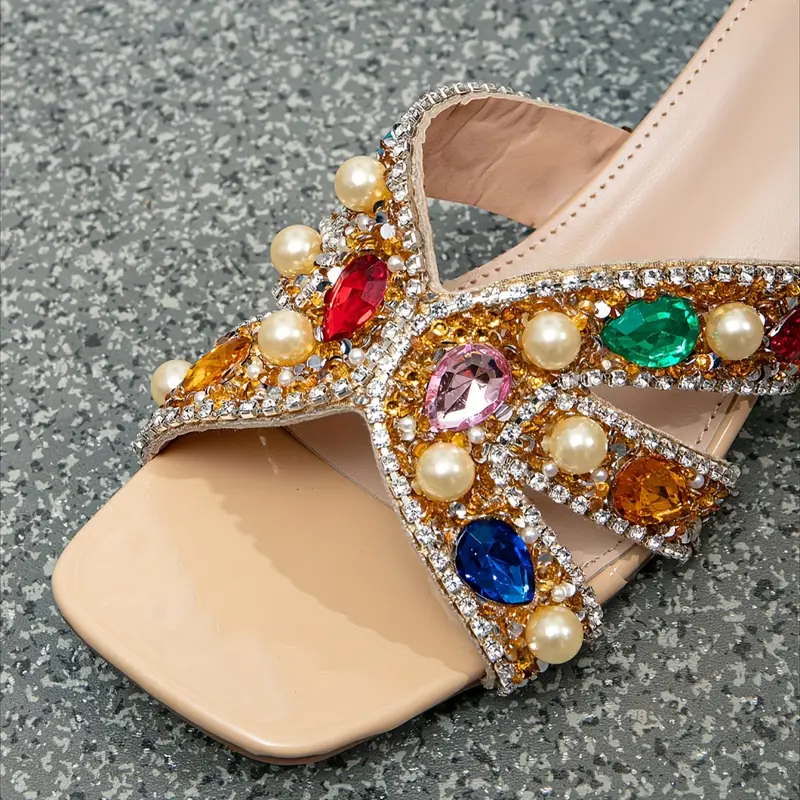 womens colorful rhinestone decor sandals slip on casual block heel sequins shoes glitter summer carnival beach slides music festival 5