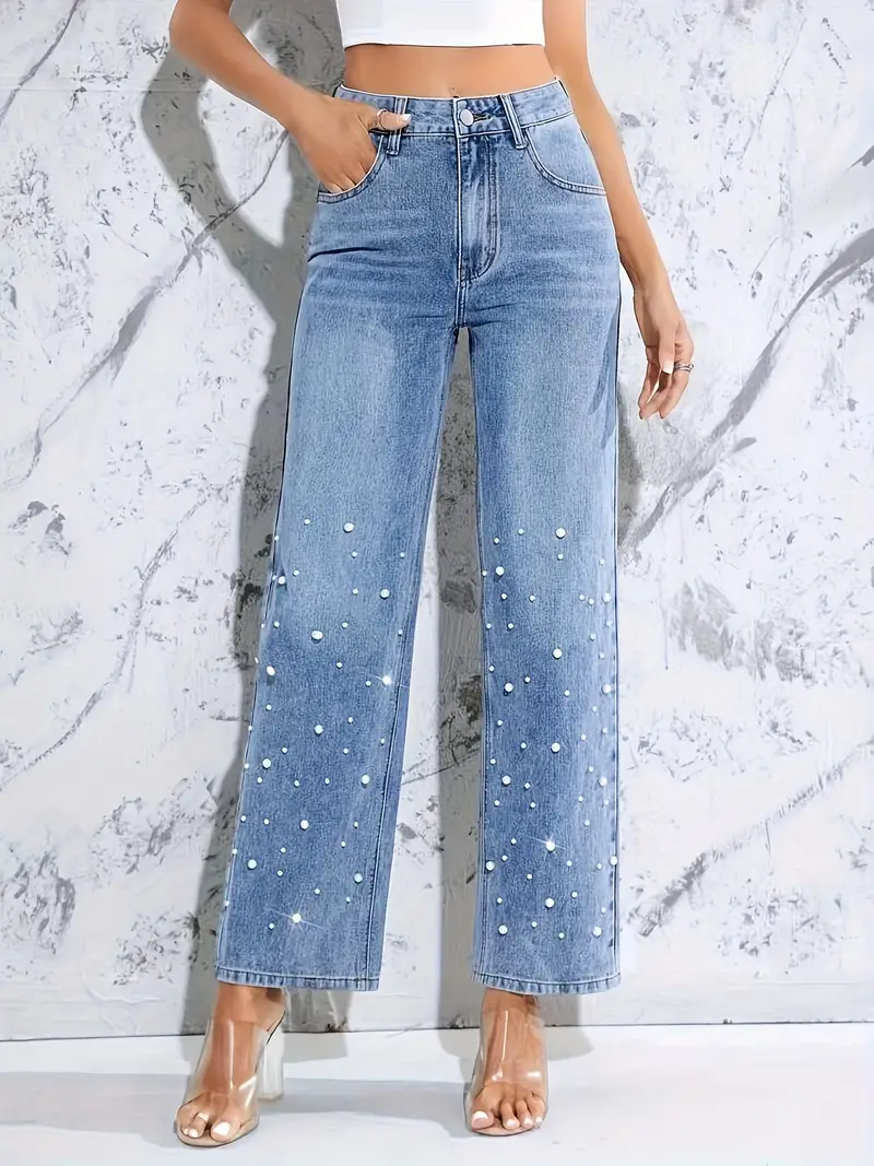 simple studded decor straight jeans slant pocket fashion casual denim pants womens denim jeans clothing medium blue 2