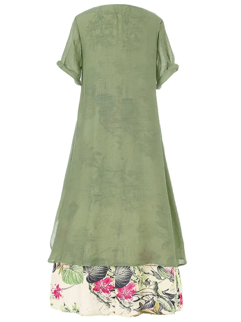casual asymmetrical floral print dress crew neck short sleeve dress casual every day dress womens clothing green 1