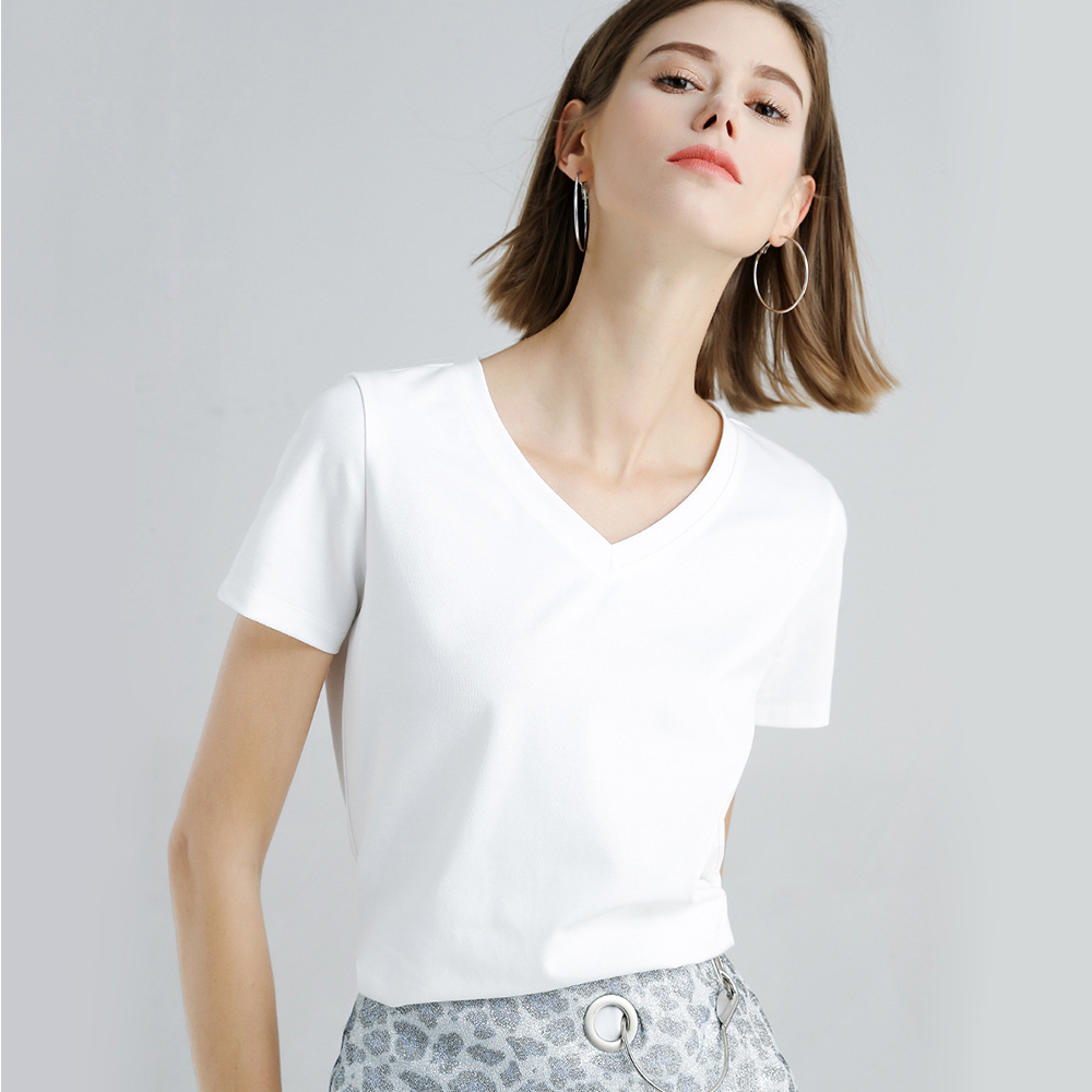 80-thread Silk Cotton Garden V-neck Pure White T-shirt Women's Short Sleeve Top Summer 2024 New Slim Fit Mulberry Silk T-shirt