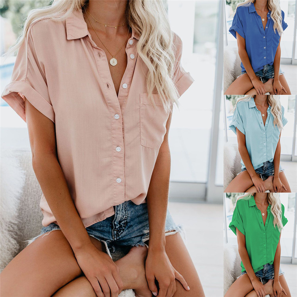 The latest summer women's short-sleeved shirt with a lapel collar and button-up top is in stock.