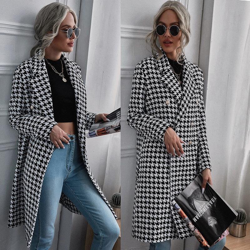 Fall/Winter New Arrival: Stylish Houndstooth Print Long Wool Coat