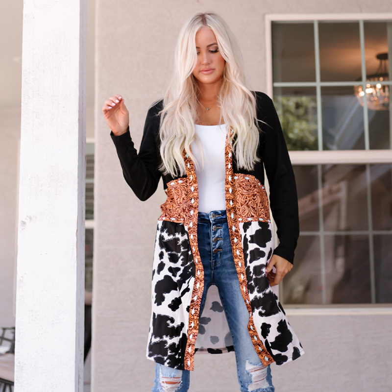 Western Style: Mid-Length Patchwork Knit Cardigan with Cowboy Prints
