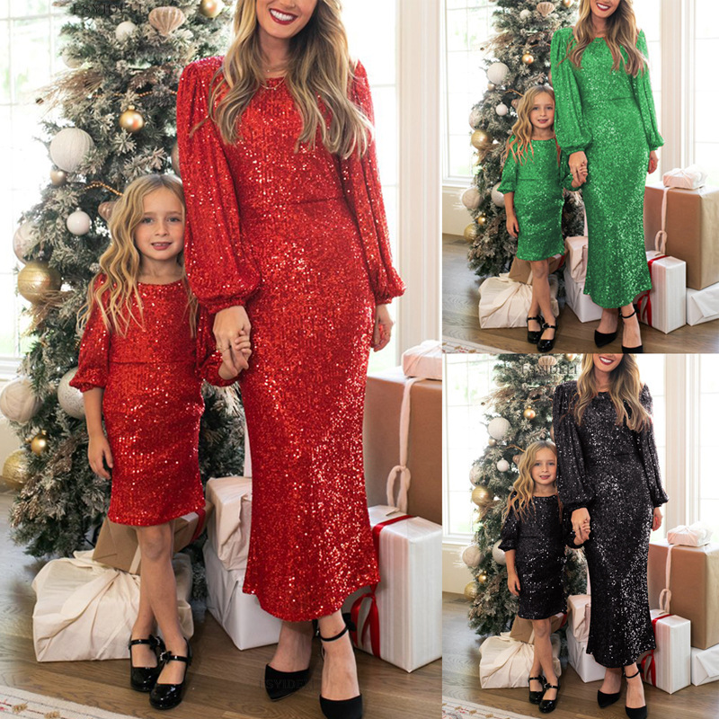 Shimmering Christmas Sequin Dress: Festive Family Outfit with Long Sleeves