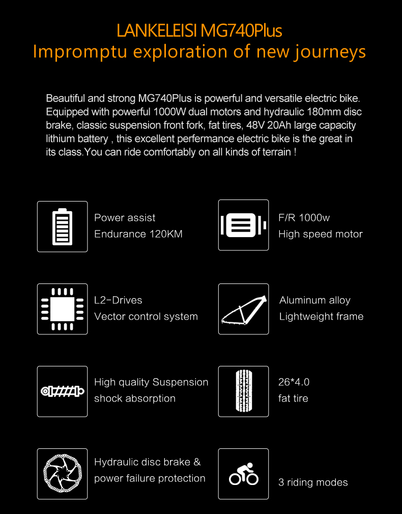 26 Inch Dual Motor Electric Bike, 48V 20Ah Battery,Front & Rear Hydraulic Brakes,Hydraulic Suspension Front Fork