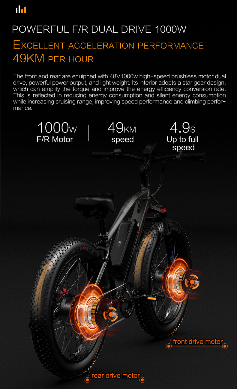 26 Inch Dual Motor Electric Bike, 48V 20Ah Battery,Front & Rear Hydraulic Brakes,Hydraulic Suspension Front Fork