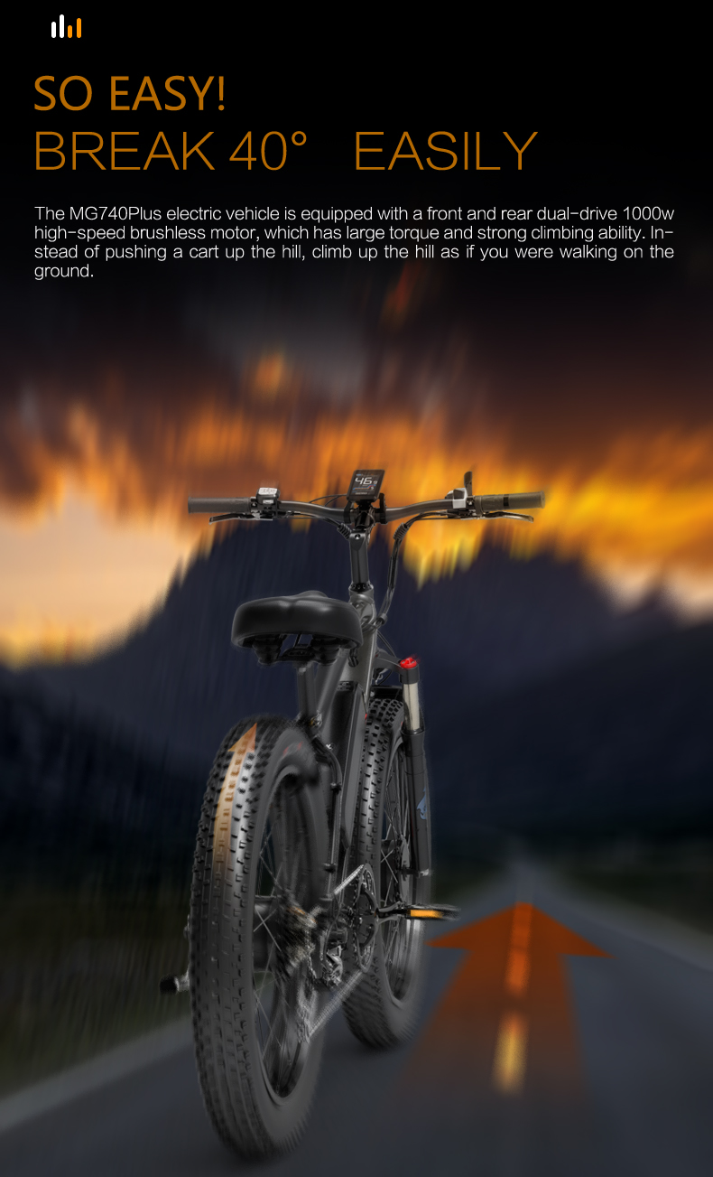 26 Inch Dual Motor Electric Bike, 48V 20Ah Battery,Front & Rear Hydraulic Brakes,Hydraulic Suspension Front Fork