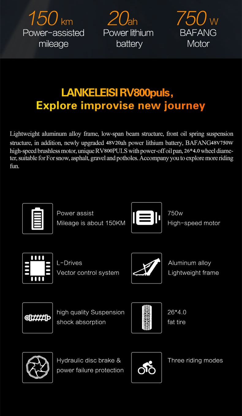 Lankeleisi RV800 Plus 26 Inch Fat Tire Electric Bike, Adopt Bafang Motor and 48V 20Ah Samsung Battery,Front & Rear Hydraulic Brakes,Hydraulic Suspension Front Fork