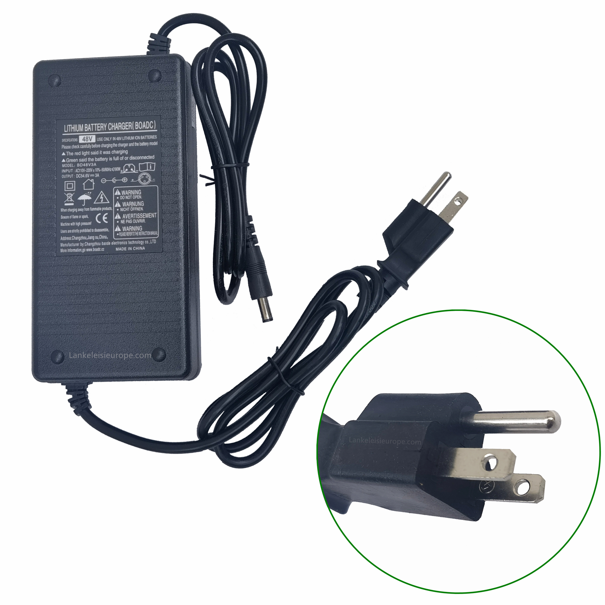 48V 3A Battery Charger for Lankeleisi Electric Bike Lithium Battery,  UK/EU/US Type Plug, Output: DC 54.6V 3A