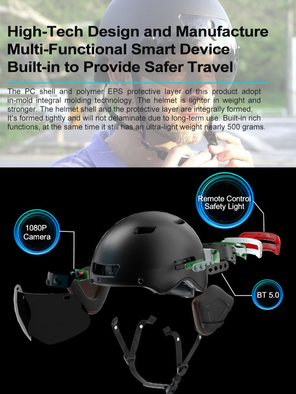 Bluetooth Calling Smart Helmet with Built-in Driving Recorder Camera, Detachable Visor,Turn Signal Taillight, for Urban Commuter