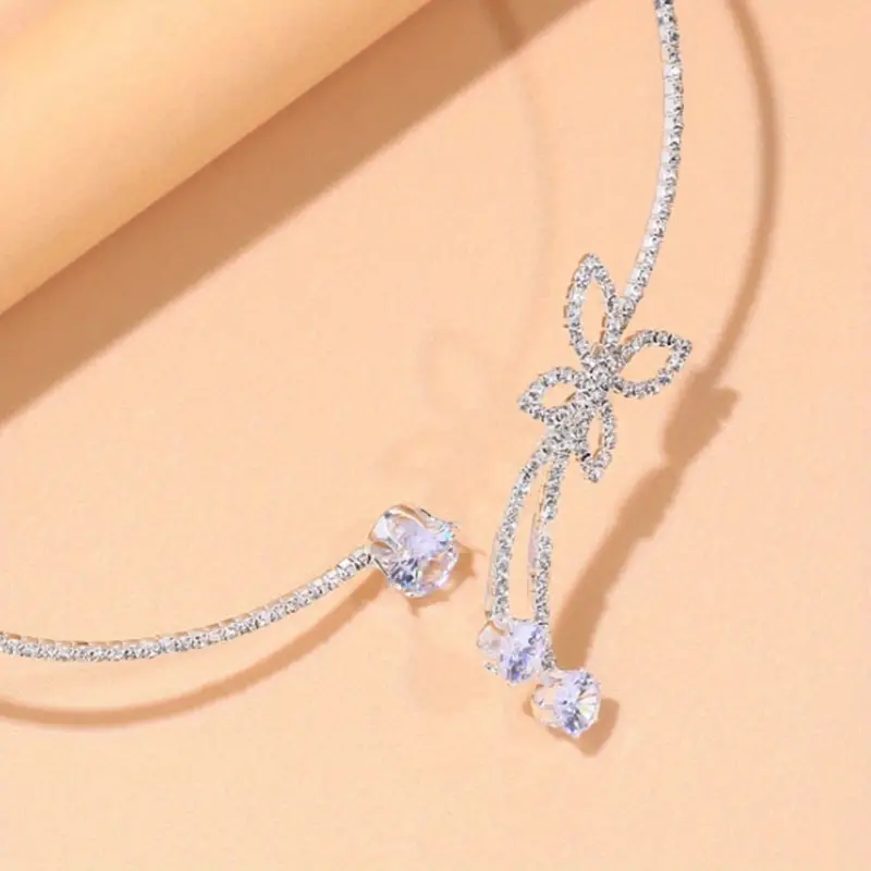 delicate glitter adjustable silver artificial diamonds crystal round choker butterfly shaped chain necklace elegant jewelry accessories gifts for men women details 0
