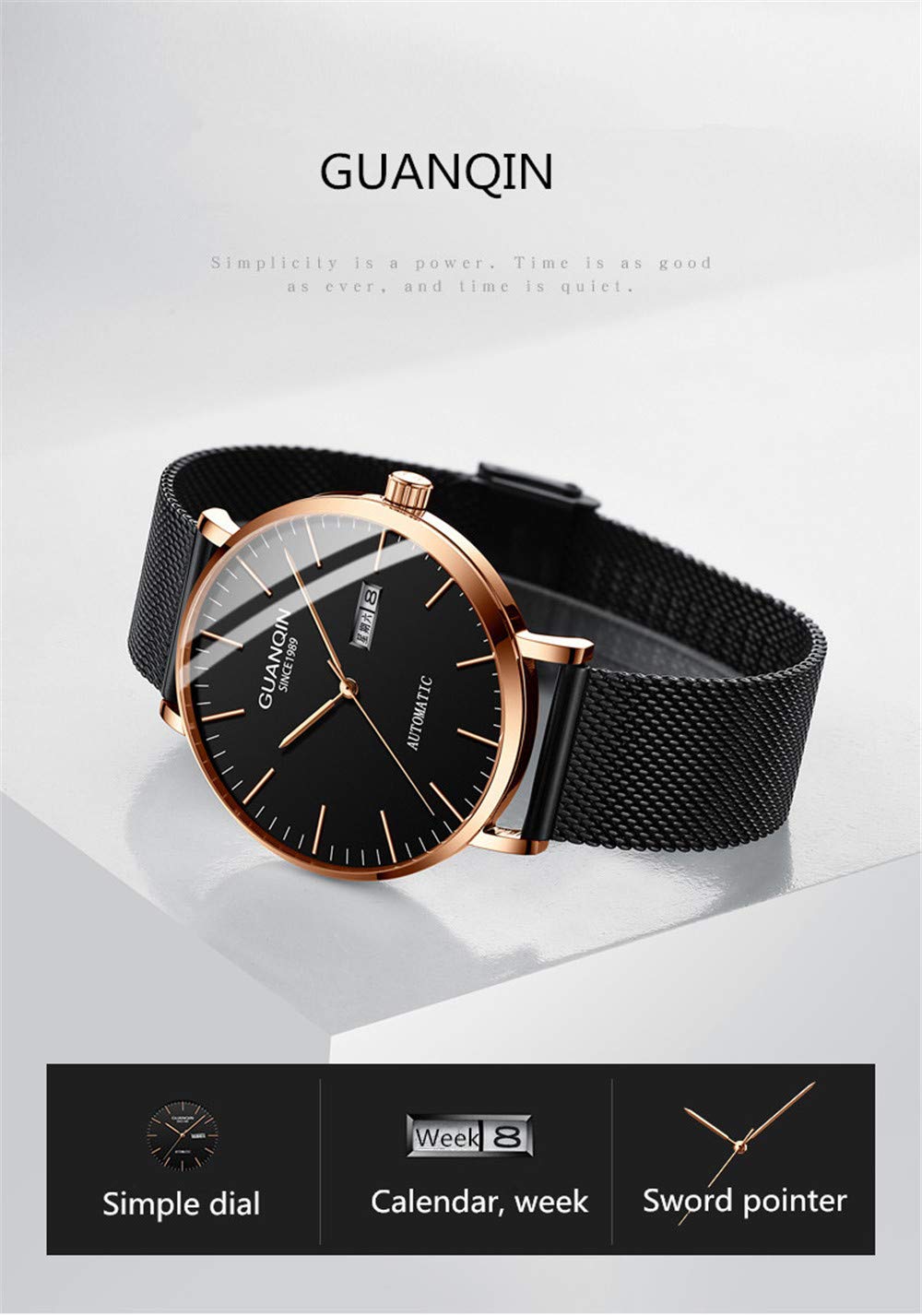 ⌚GUANQIN vyriškas analoginis mados paprasto dizaino japoniškas „Miyoda 8205 Movement“ automatinis odinis laikrodis