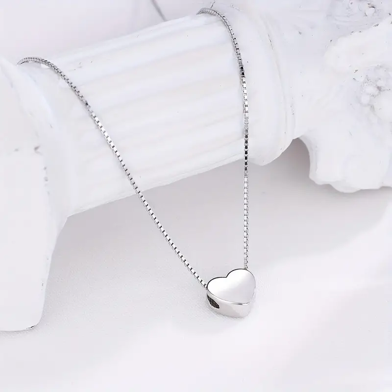 925 sterling silver 3d glossy heart shaped pendant necklace simple love clavicle chain silver color details 5