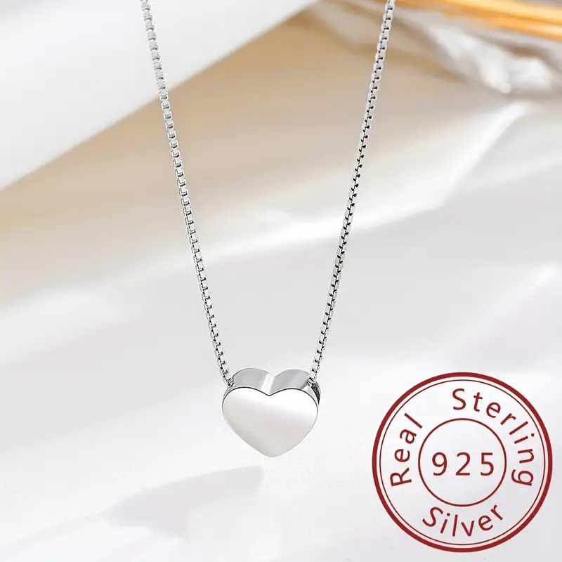 925 sterling silver 3d glossy heart shaped pendant necklace simple love clavicle chain silver color details 1