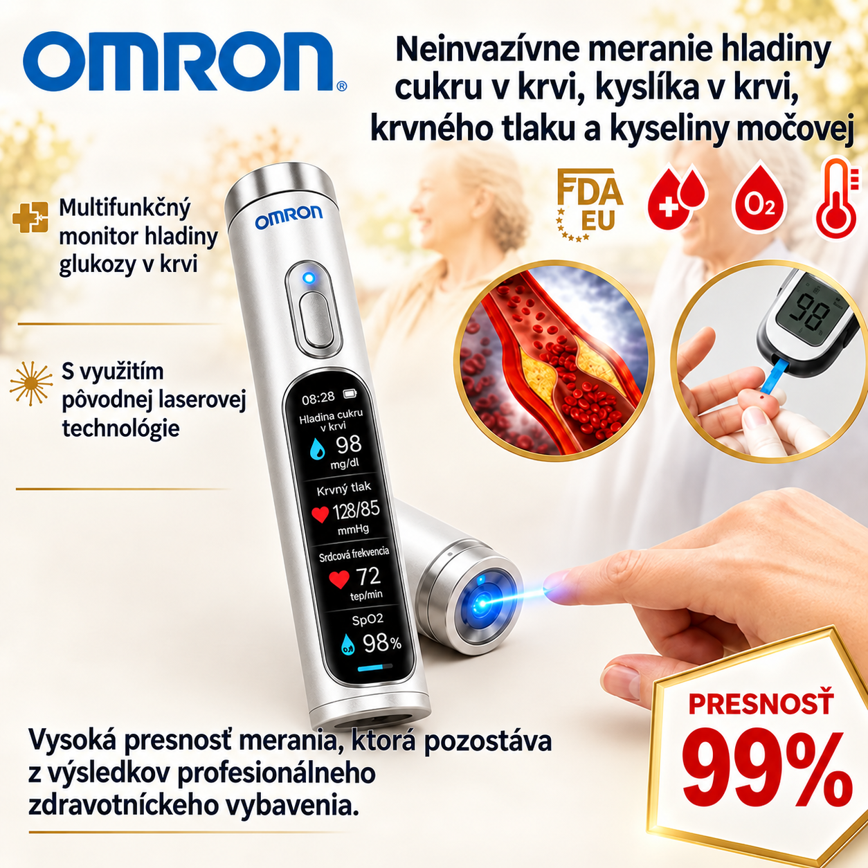Najnovší technologický prelom spoločnosti Omron v roku 2026: neinvazívne inteligentné zariadenie na monitorovanie hladiny glukózy v krvi s presnosťou 99,9 %.