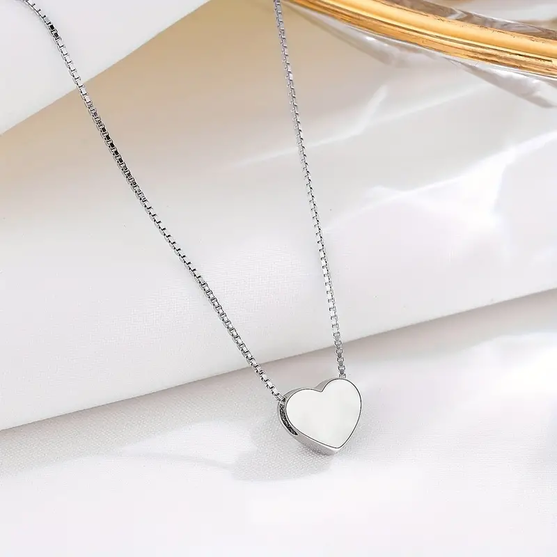 925 sterling silver 3d glossy heart shaped pendant necklace simple love clavicle chain silver color details 4