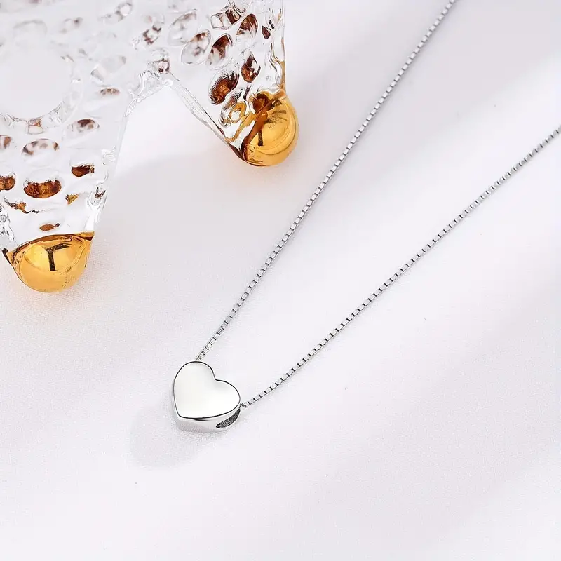 925 sterling silver 3d glossy heart shaped pendant necklace simple love clavicle chain silver color details 7