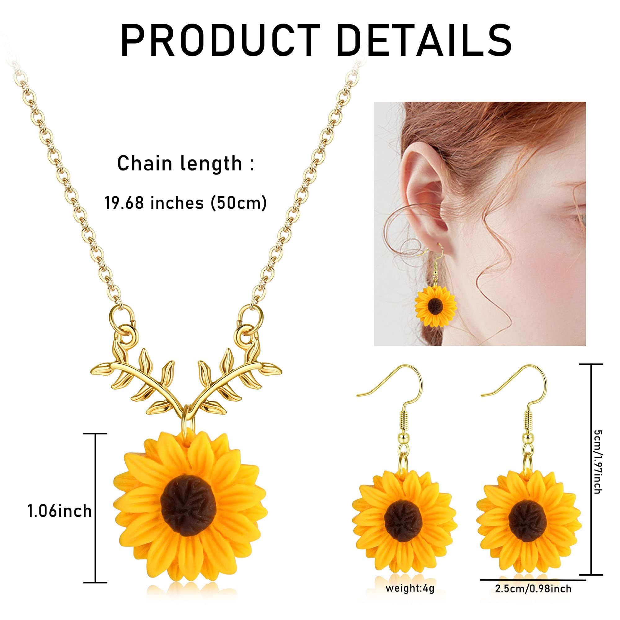 HAIAISO Sunflower Dangle Drop Earrings Sunflower Necklace for Women Handmade Sunflower Jewelry Set Gift