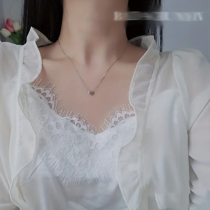 925 sterling silver 3d glossy heart shaped pendant necklace simple love clavicle chain silver color details 6