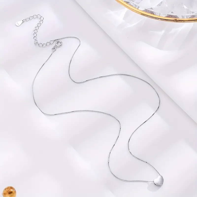 925 sterling silver 3d glossy heart shaped pendant necklace simple love clavicle chain silver color details 8