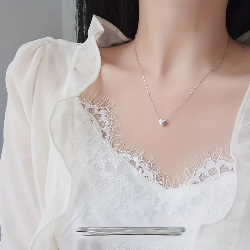 925 sterling silver 3d glossy heart shaped pendant necklace simple love clavicle chain silver color details 3
