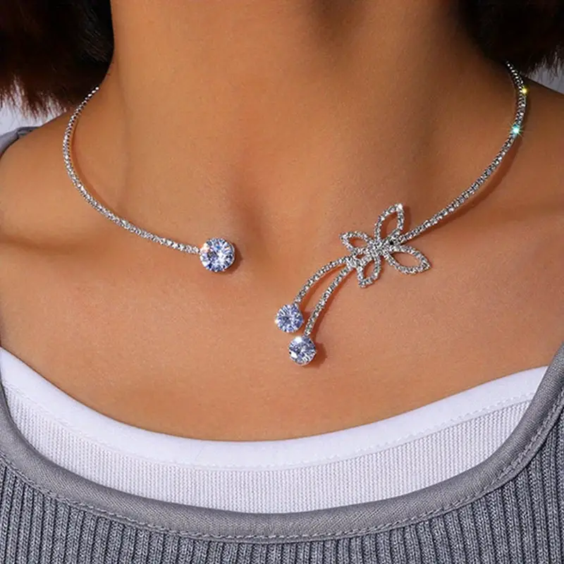 delicate glitter adjustable silver artificial diamonds crystal round choker butterfly shaped chain necklace elegant jewelry accessories gifts for men women details 3