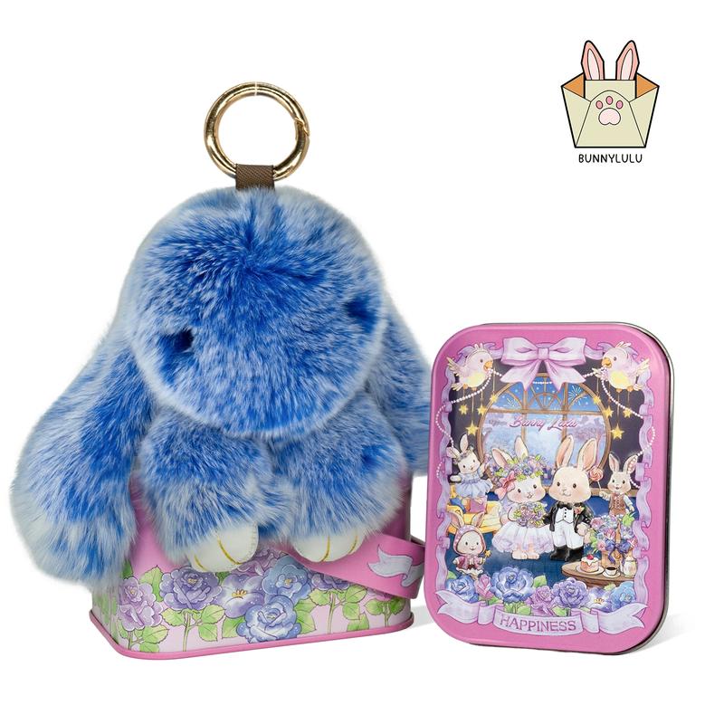 【BunnyLulu】Handmade Bunny PomPom Keychain with Designed Tin Box, Easter Birthday Gift, Charm Accessory for Anxiety Relief