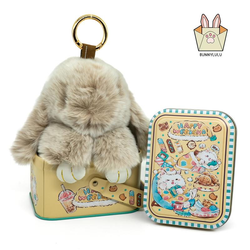 【BunnyLulu】Handmade Bunny PomPom Keychain with Designed Tin Box, Easter Birthday Gift, Charm Accessory for Anxiety Relief