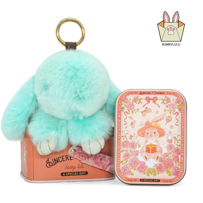 【BunnyLulu】Handmade Bunny PomPom Keychain with Designed Tin Box, Easter Birthday Gift, Charm Accessory for Anxiety Relief