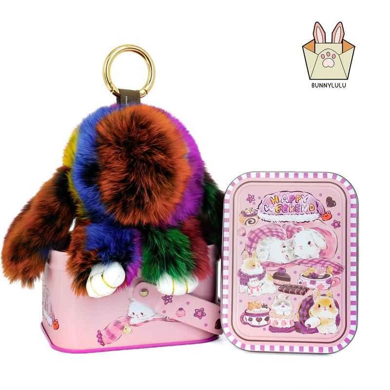 【BunnyLulu】Handmade Bunny PomPom Keychain with Designed Tin Box, Easter Birthday Gift, Charm Accessory for Anxiety Relief