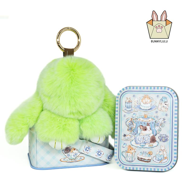 【BunnyLulu】Handmade Bunny PomPom Keychain with Designed Tin Box, Easter Birthday Gift, Charm Accessory for Anxiety Relief