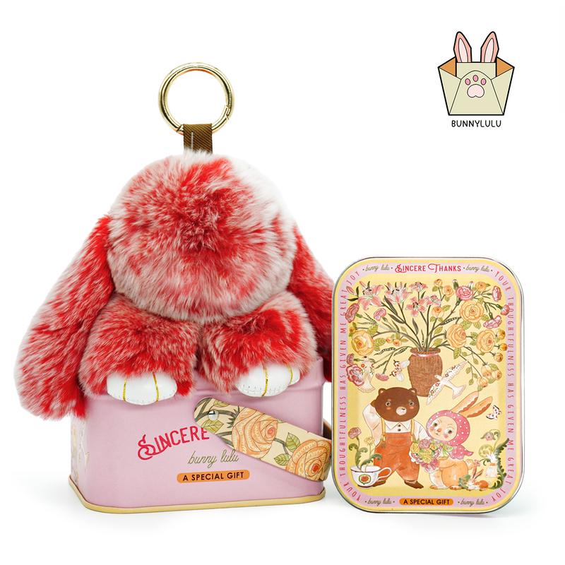 【BunnyLulu】Handmade Bunny PomPom Keychain with Designed Tin Box, Easter Birthday Gift, Charm Accessory for Anxiety Relief