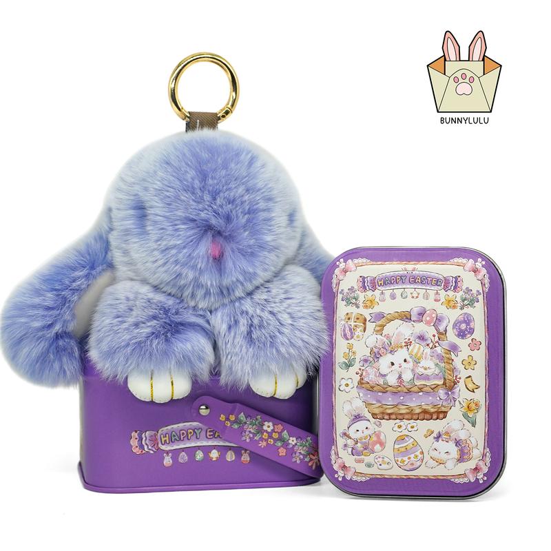 【BunnyLulu】Handmade Bunny PomPom Keychain with Designed Tin Box, Easter Birthday Gift, Charm Accessory for Anxiety Relief