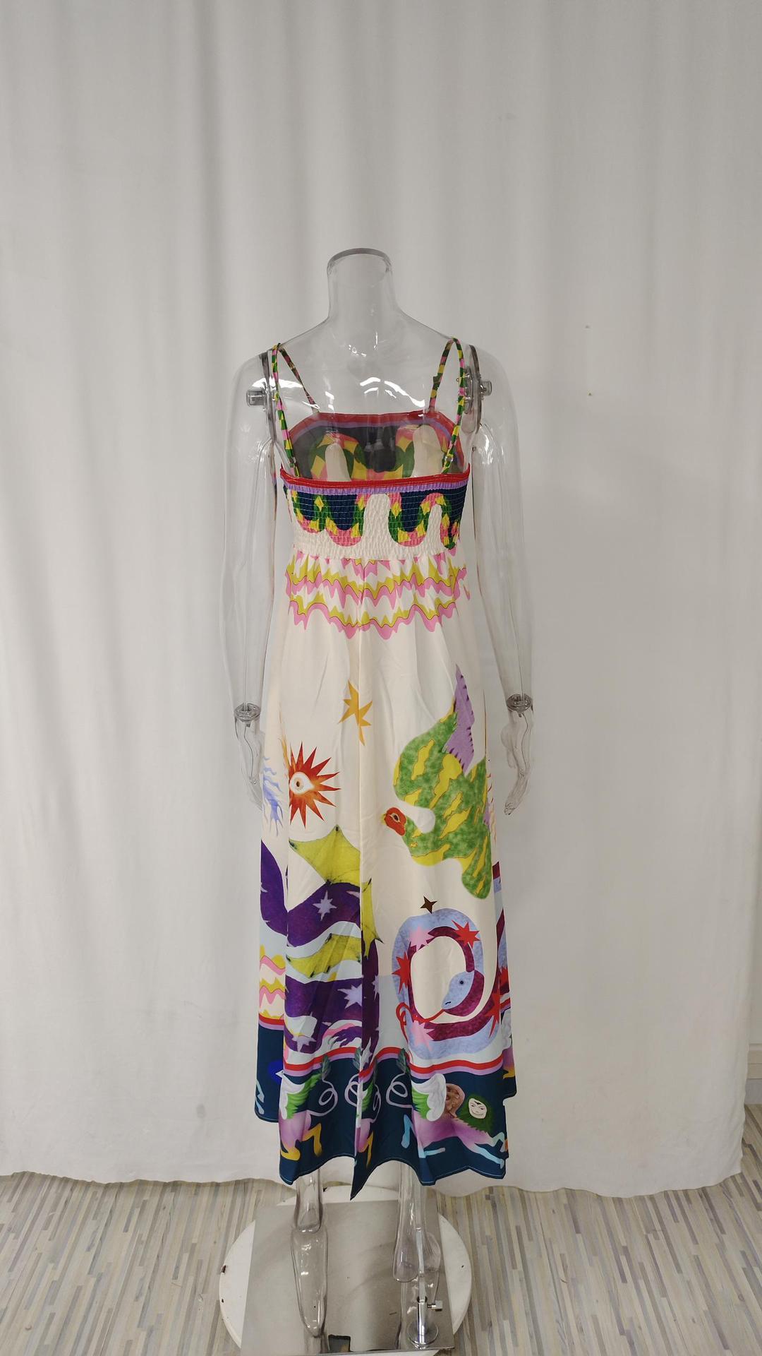 Letnia damska sukienka w nowym stylu, elegancka, z wysokim stanem i nadrukiem, na szelkach, w stylu casual