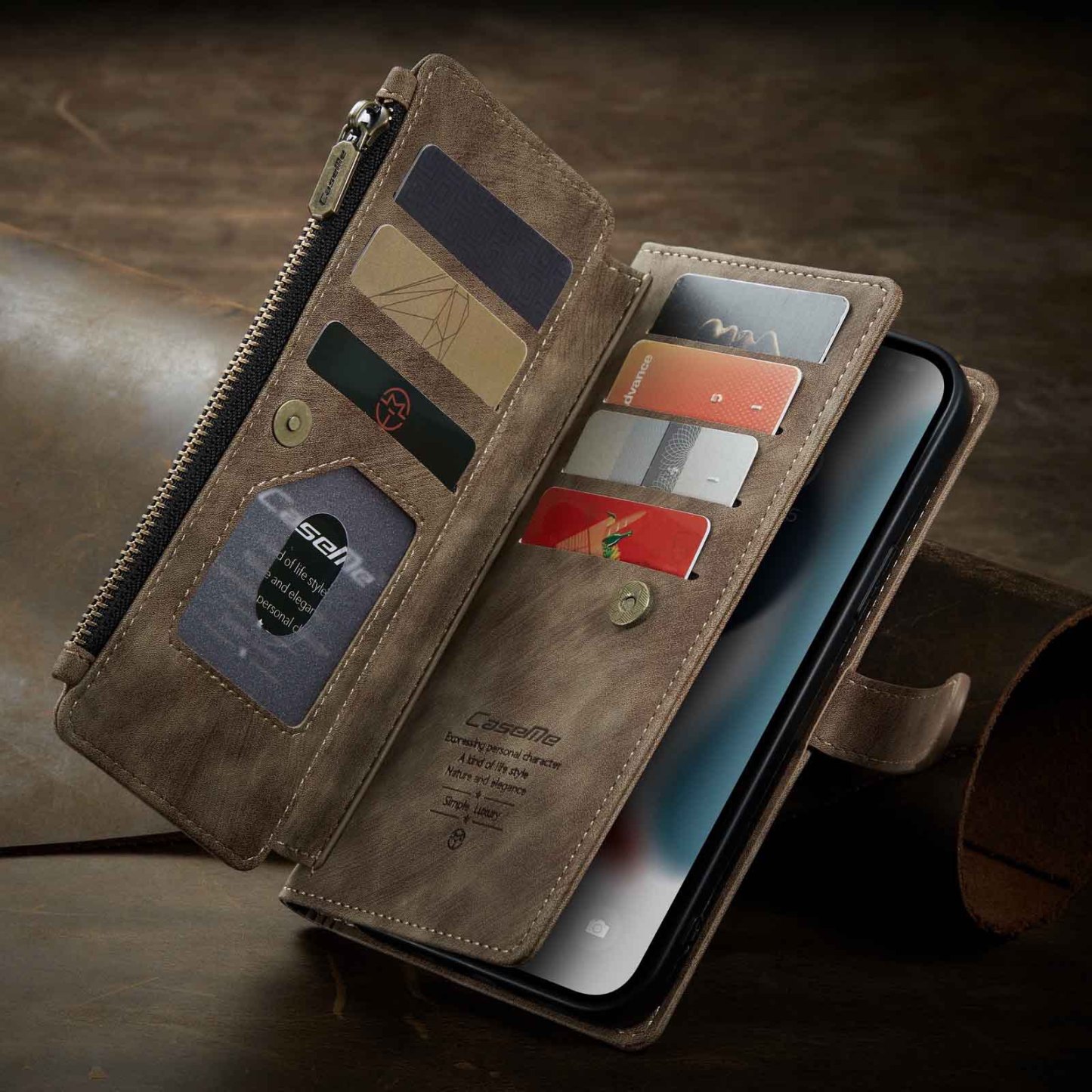 Nadaje się do 13promax portfel na zamek błyskawiczny skórzany pokrowiec Apple 14 wielokartowy futerał na telefon komórkowy iPhone15 flip 16 retro 7P